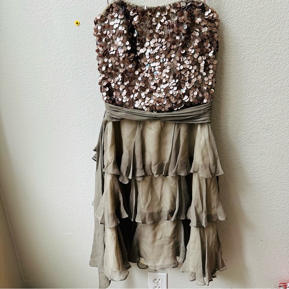 SCALA strapless taupe gray sparkle sequin silk ruffle mini prom dress womens 2 - Picture 6 of 13